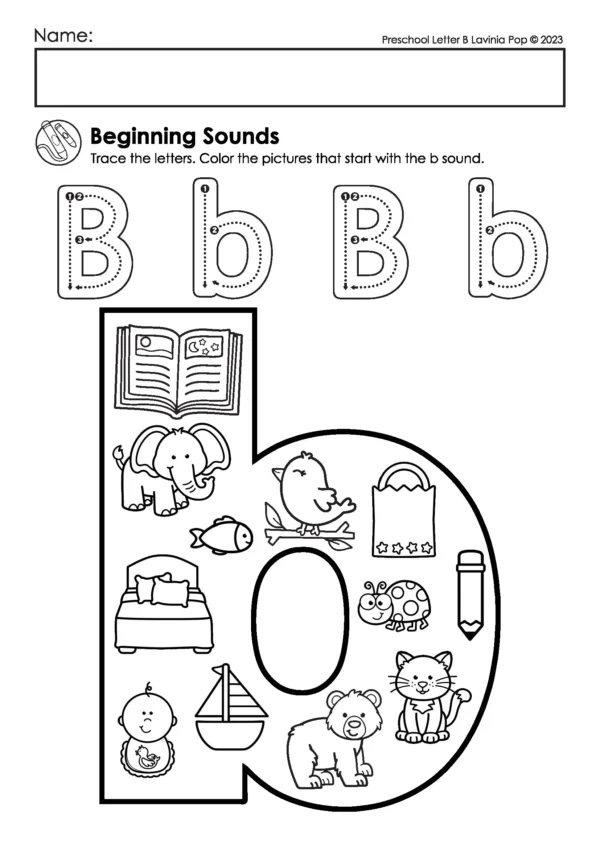 Lowercase letter b beginning sounds worksheet with uppercase and lowercase B tracing and a large letter filled with images like bed, book, bear, baby, bag, and bird.