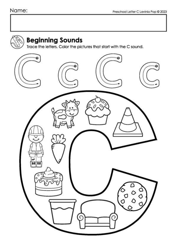 Letter C beginning sounds worksheet with uppercase and lowercase C tracing and a large letter filled with images like cow, carrot, cupcake, cake, and cookie.