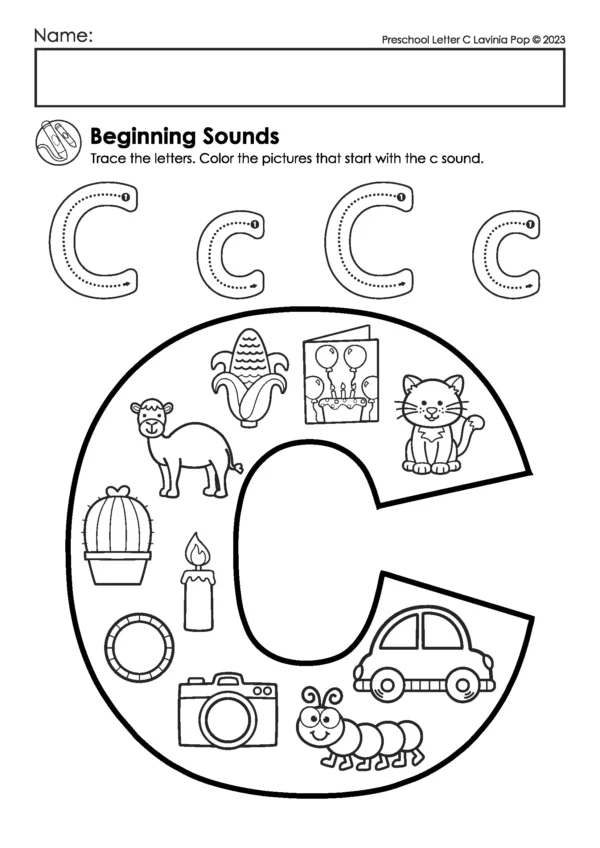 Letter C beginning sounds worksheet with uppercase and lowercase C tracing and a large letter filled with images like cat, camera, candle, cactus, car, and caterpillar.