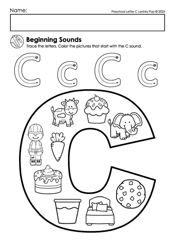 Letter C beginning sounds worksheet with uppercase and lowercase C tracing and a large letter filled with images like cow, carrot, cupcake, elephant, and bed.