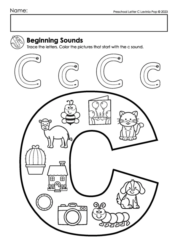 Letter C beginning sounds worksheet with uppercase and lowercase C tracing and a large letter filled with images like camel, cat, cactus, camera, caterpillar, and dog.