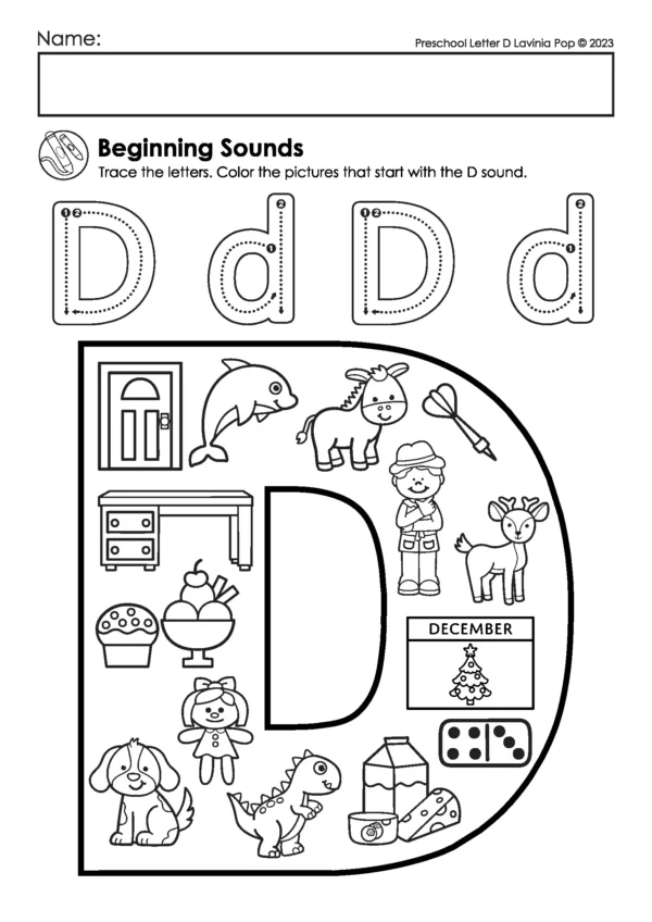 Letter D beginning sounds worksheet with uppercase and lowercase D tracing and a large letter filled with images like door, dolphin, desk, dog, doll, dinosaur, and December calendar.
