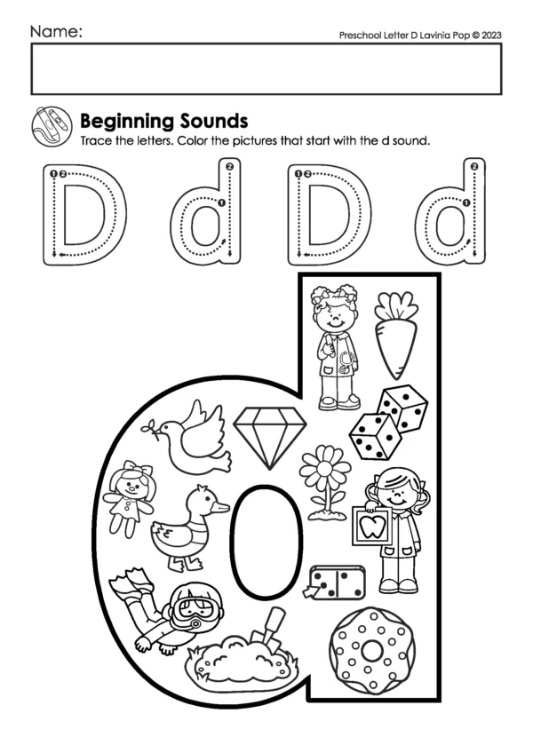 Lowercase letter d beginning sounds worksheet with uppercase and lowercase D tracing and a large letter filled with images like diamond, dice, duck, donut, diver, and doctor.