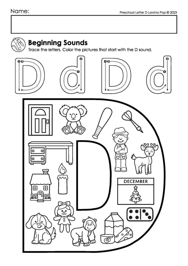 Letter D beginning sounds worksheet with uppercase and lowercase D tracing and a large letter filled with images like dog, doll, desk, dart, December calendar, door, and milk.