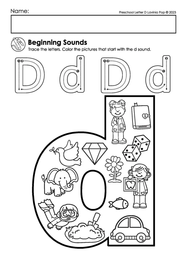 Lowercase letter d beginning sounds worksheet with uppercase and lowercase D tracing and a large letter filled with images like doctor, diamond, dice, dog, diver, and dentist.