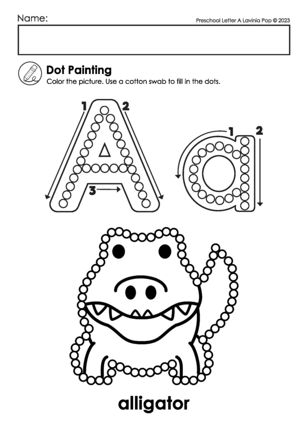 Alphabet Q-Tip worksheet with uppercase and lowercase letter A and alligator picture for preschool fine motor practice