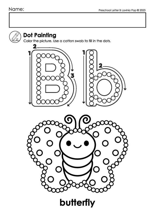 Alphabet Q-Tip worksheet with uppercase and lowercase letter B and butterfly picture for early literacy practice