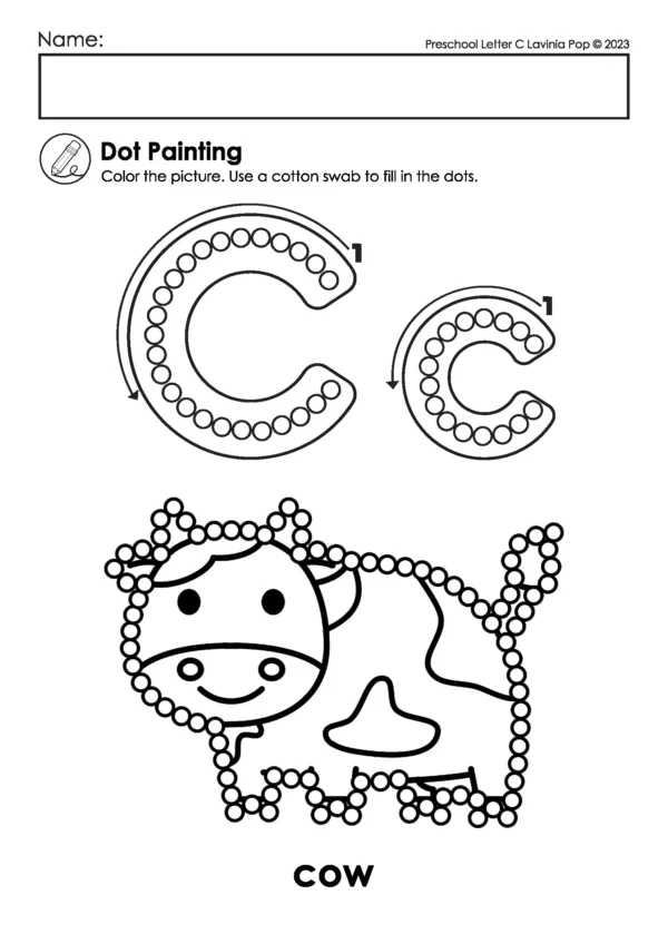 Alphabet Q-Tip worksheet with uppercase and lowercase letter C and cow picture for preschool letter recognition