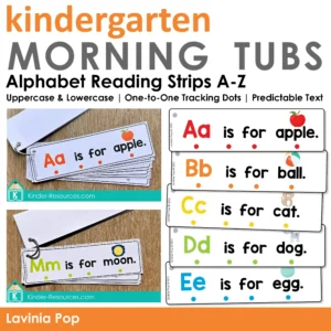 Printable alphabet strips with sentences like Aa is for apple and Bb is for ball to support letter recognition and phonics