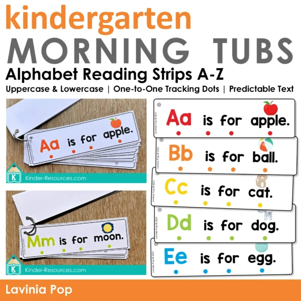 Printable alphabet strips with sentences like Aa is for apple and Bb is for ball to support letter recognition and phonics