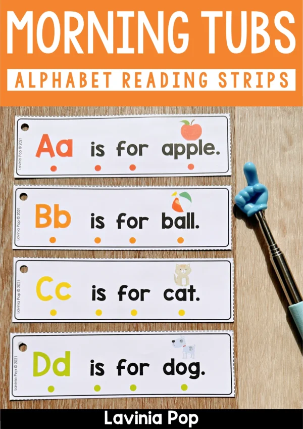 A–Z alphabet reading strips with uppercase and lowercase letters, pictures, and color-coded dots for Kindergarten literacy centers