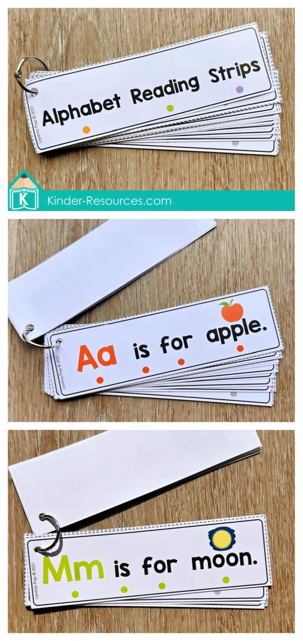 Set of alphabet reading strips bound on rings with simple text and illustrations for daily literacy practice in Kindergarten