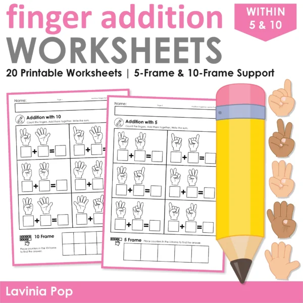 Cover for Finger Addition Worksheets featuring two sample pages with finger counting, missing addend, and 5- and 10-frames