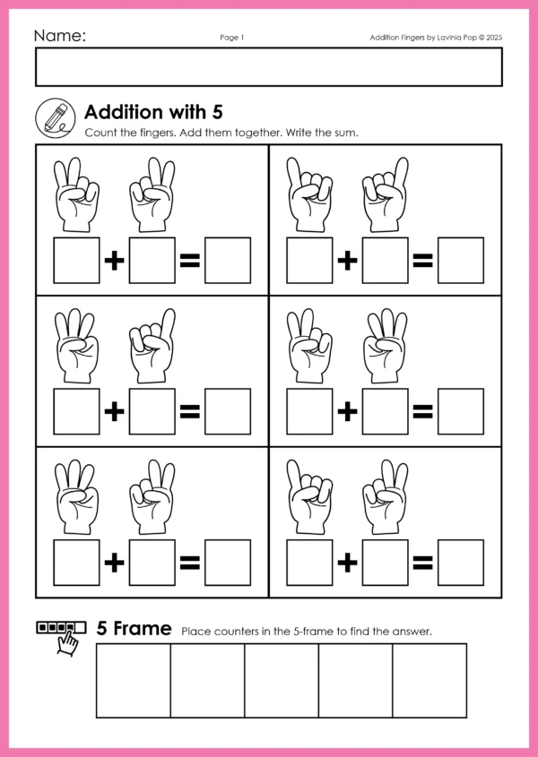 Printable worksheet for addition within 5 using finger counting and a 5-frame for support