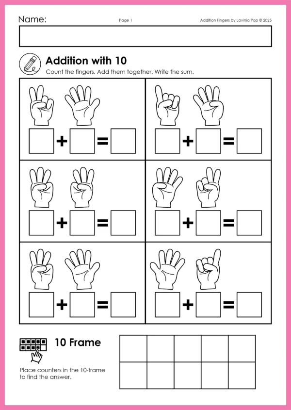 Printable worksheet for addition within 10 using finger counting and a 10-frame for support