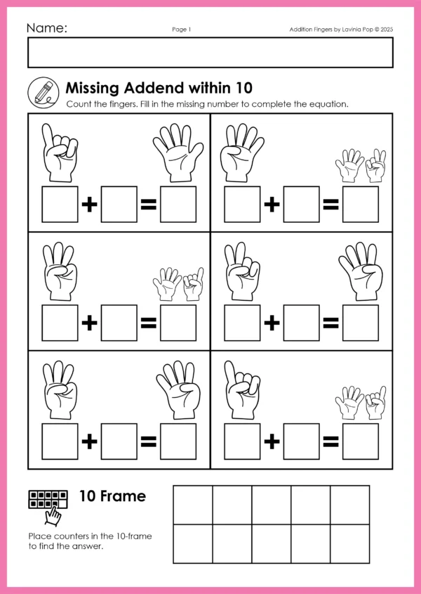 Printable worksheet with finger counting addition problems and missing addends within 10, includes a 10-frame for support