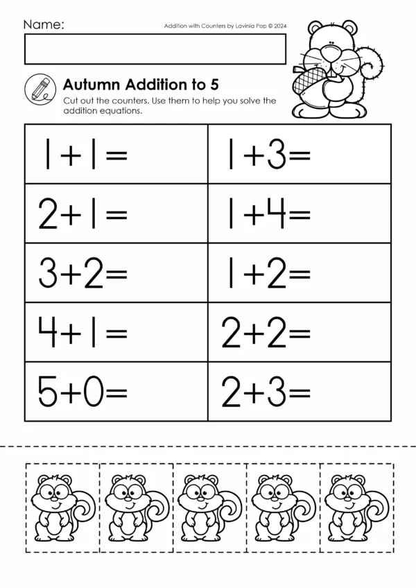 Kindergarten addition worksheet with counters showing autumn squirrels and simple addition equations to 5