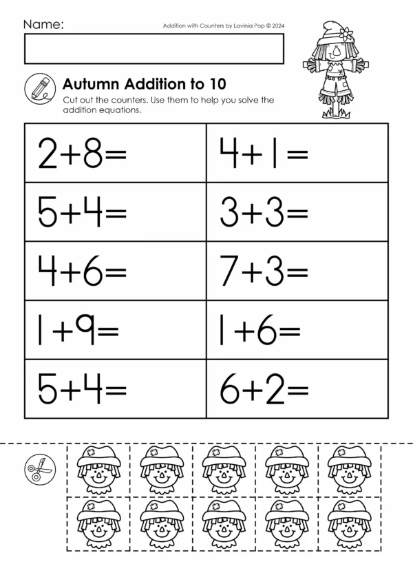 Autumn addition worksheet with scarecrow counters for kindergarten math practice to 10