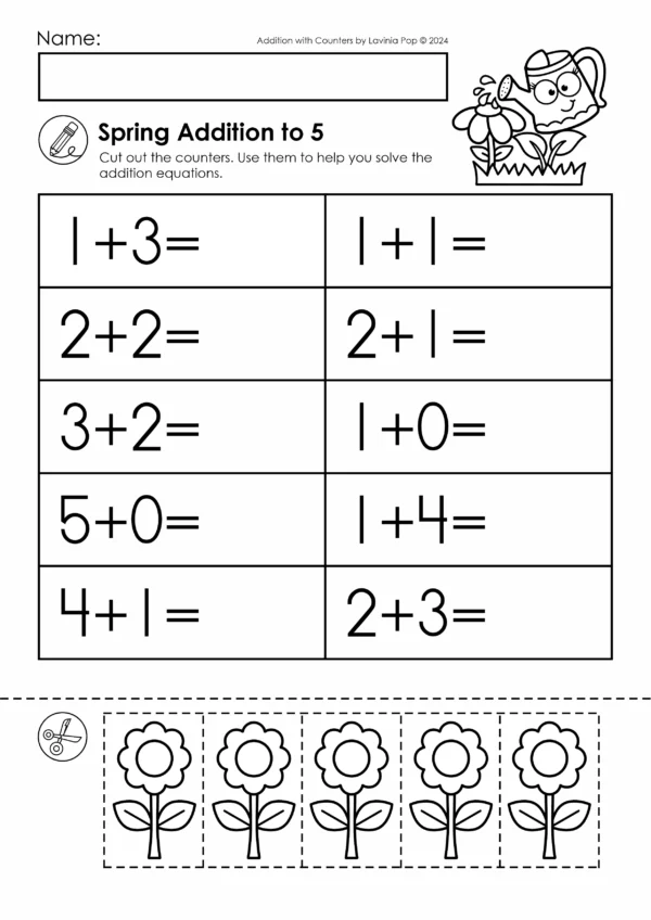 Spring addition worksheet with flower counters for kindergarten students solving equations to 5
