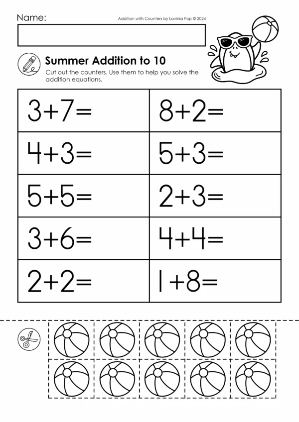 Summer addition worksheet with beach ball counters for kindergarten addition equations to 10