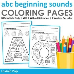 Cover image of Alphabet Beginning Sounds Coloring Pages with two worksheet examples for letters A and C, highlighting phonics practice with 2 versions per letter.