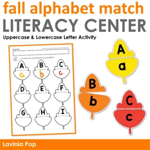 Autumn alphabet matching activity with colorful leaf cards showing uppercase and lowercase letters