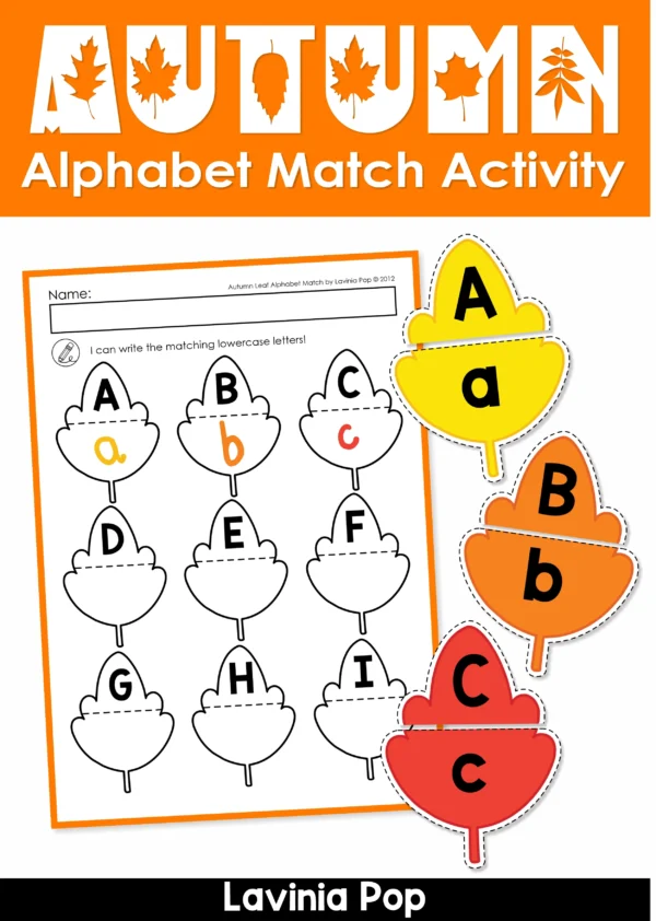 Uppercase and lowercase letter matching leaves for autumn literacy center in kindergarten