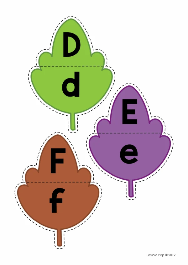 Colorful fall leaf alphabet match cards with letters D to F for literacy practice