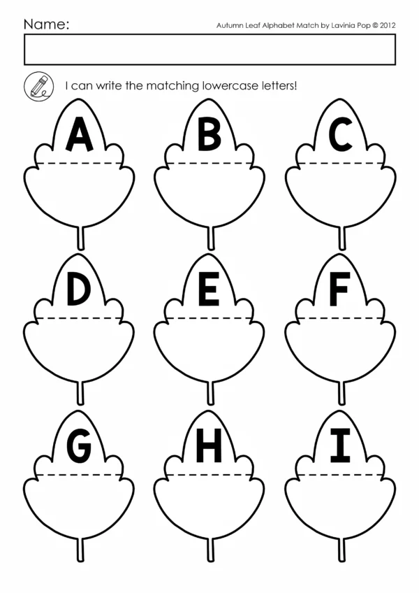 Printable fall alphabet match literacy worksheet with uppercase letters on leaves and space to write lowercase letters
