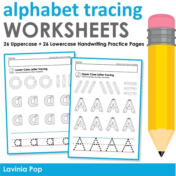 Alphabet Tracing Worksheets showing uppercase and lowercase letter practice pages for preschool and kindergarten handwriting.
