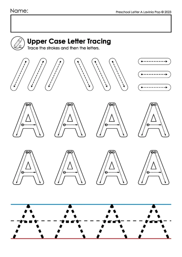 Uppercase letter A handwriting practice page with stroke warm-ups, large dotted A letters, and handwriting lines for preschool and kindergarten.
