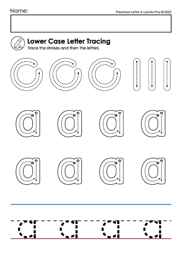Lowercase letter a handwriting practice page with curved stroke warm-ups, large dotted a letters, and handwriting lines for preschool and kindergarten.