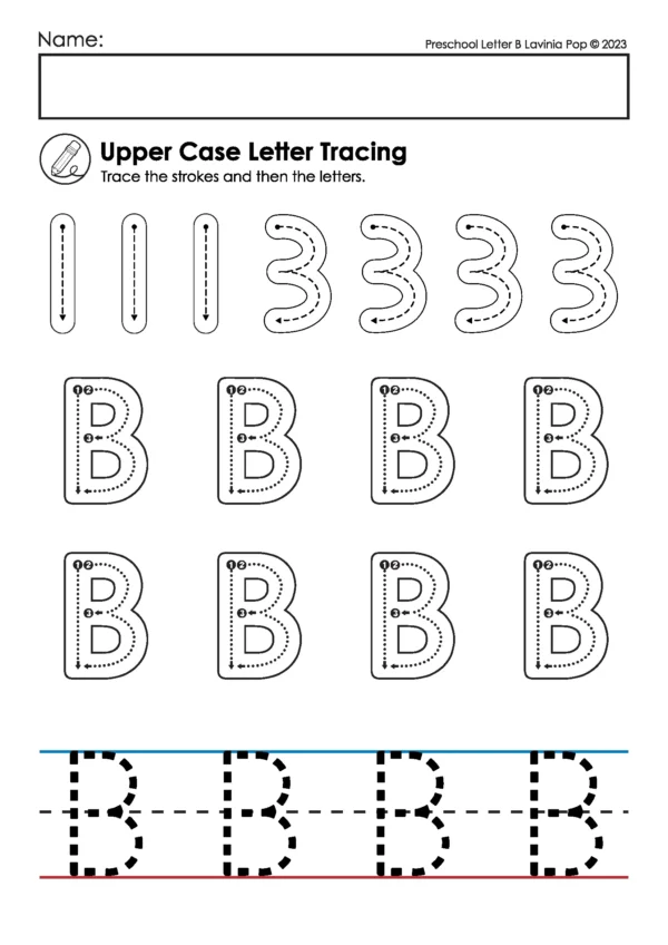 Uppercase letter B handwriting practice worksheet with straight and curved stroke warm-ups, dotted B letters, and handwriting lines for preschool.