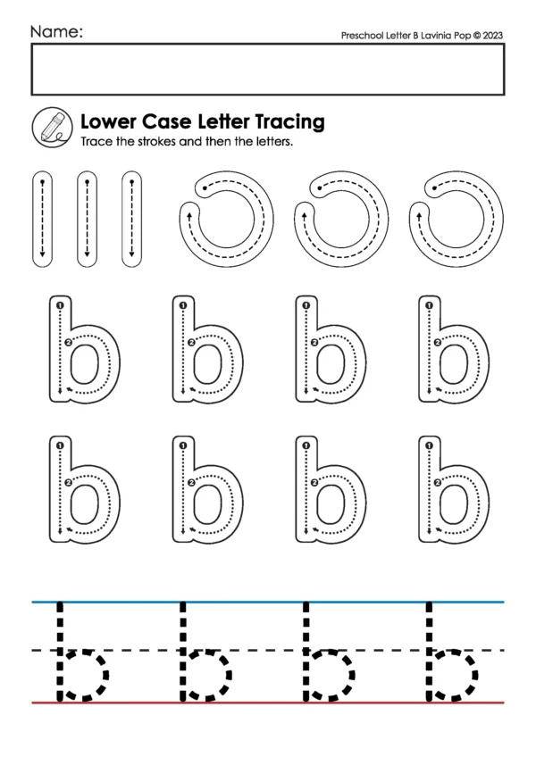 Lowercase letter b handwriting worksheet with stroke practice, large dotted b letters, and handwriting lines for preschool and kindergarten writing practice.