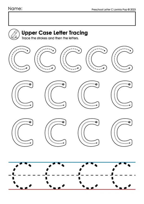 Uppercase letter C handwriting practice page with stroke warm-ups, dotted C letters, and handwriting lines for alphabet tracing in preschool and kindergarten.