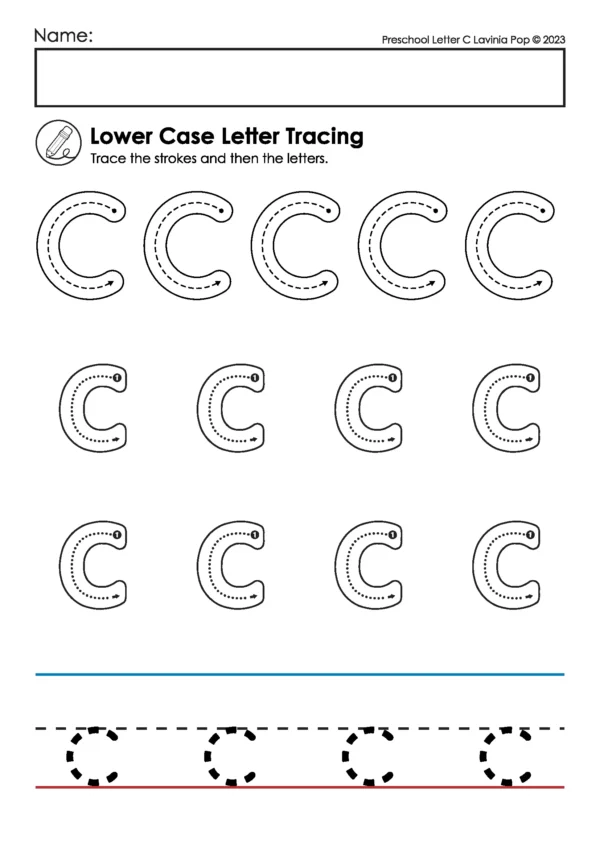 Lowercase letter c handwriting practice page with curved stroke warm-ups, dotted c letters, and handwriting lines for preschool and kindergarten alphabet tracing.