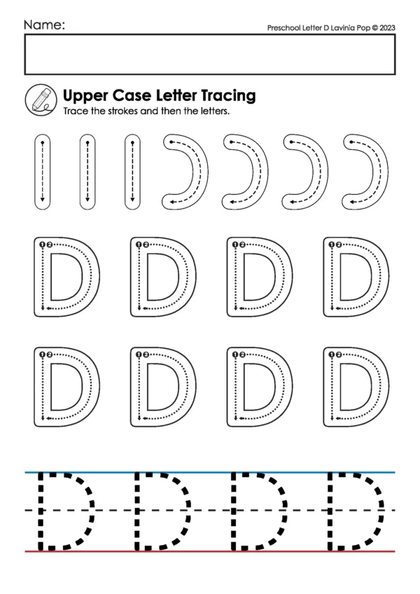 Uppercase letter D handwriting practice worksheet with straight and curved stroke tracing, dotted D letters, and handwriting lines for preschool and kindergarten.