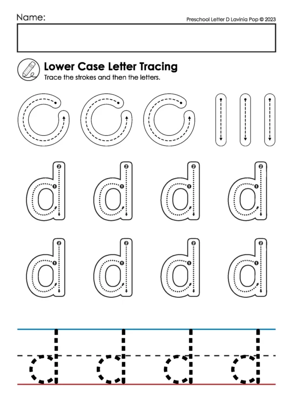 Lowercase letter d handwriting practice page with stroke tracing, dotted d letters, and handwriting lines for preschool and kindergarten alphabet writing practice.