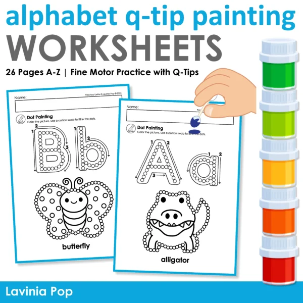 Alphabet Q-Tip painting worksheets for preschool and kindergarten with fine motor letter practice A to Z