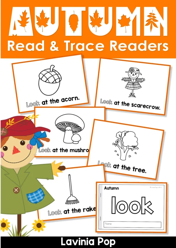Printable fall sight word fluency readers with autumn mini books for tracing words like look, see, and the. Includes acorn, scarecrow, tree, mushrooms, and rake themes.