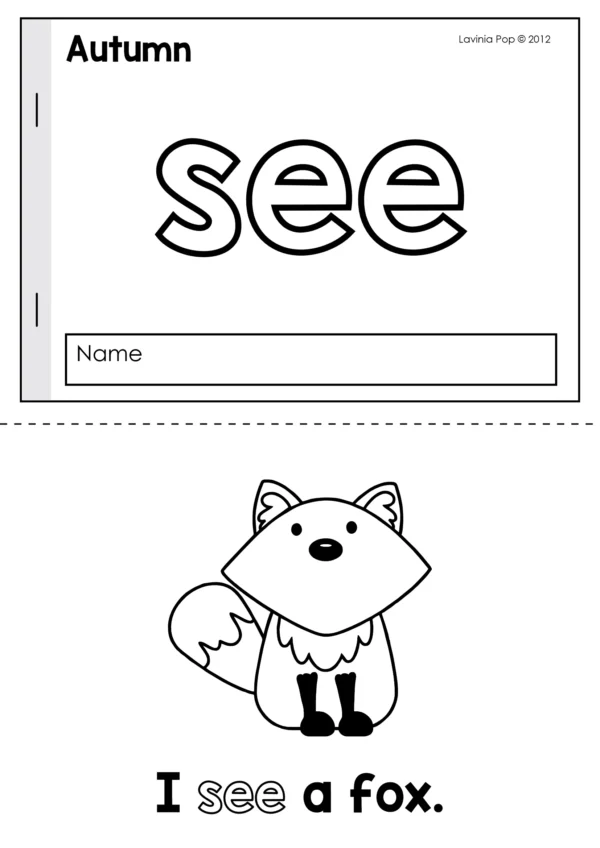 Autumn sight word mini reader focusing on the word see with sentence I see a fox. Ideal for kindergarten fluency and tracing practice.
