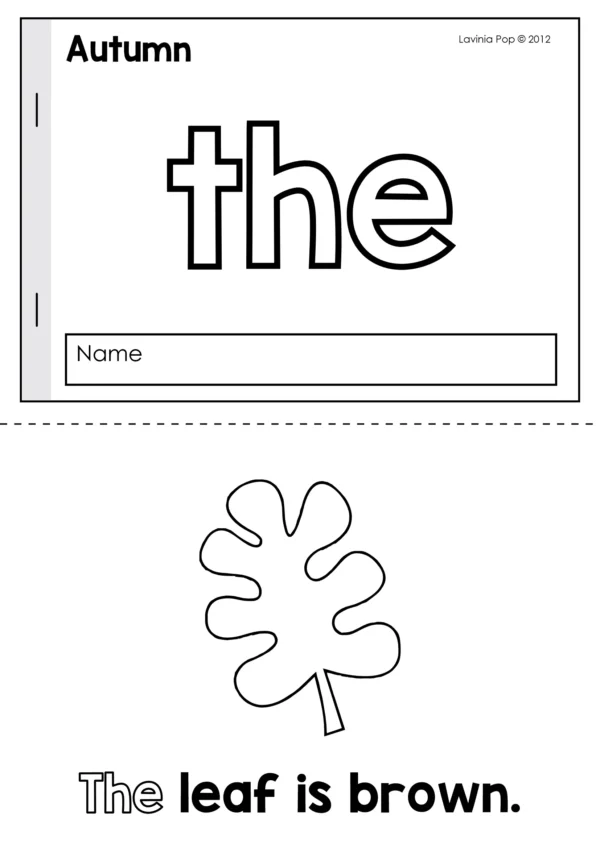 Fall read and trace mini book for the sight word the with sentence The leaf is brown. Designed for emergent readers in preschool and kindergarten.