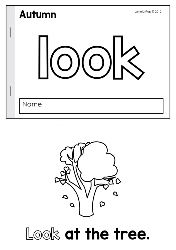 Kindergarten autumn reader for the sight word look with tracing and sentence Look at the tree. Supports reading fluency and sight word practice.