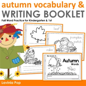 Autumn Vocabulary & Writing Booklet cover featuring fall words like leaf, rake, and pumpkin patch with scarecrow illustration.