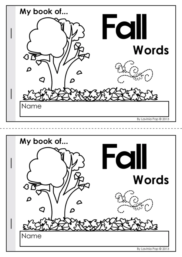 My Book of Fall Words booklet cover with tree and leaves illustration for autumn vocabulary and writing practice.