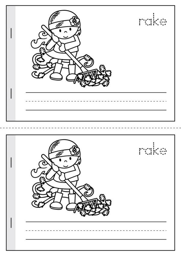 Autumn Vocabulary & Writing Booklet worksheet with rake word tracing, handwriting lines, and picture to color.