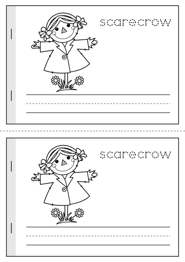 Autumn Vocabulary & Writing Booklet worksheet with scarecrow word tracing, handwriting lines, and picture to color.