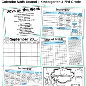 Calendar and Weather Journal cover with sample pages for daily math routines, weather tracking, and calendar practice in Kindergarten and First Grade.