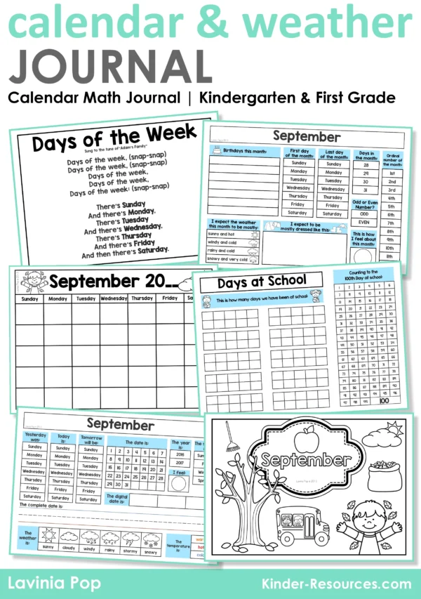 Calendar and Weather Journal cover with sample pages for daily math routines, weather tracking, and calendar practice in Kindergarten and First Grade.