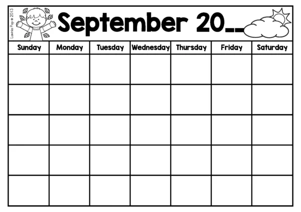 Blank September calendar page from the Calendar and Weather Journal with empty boxes for students to fill in dates, birthdays, and events.